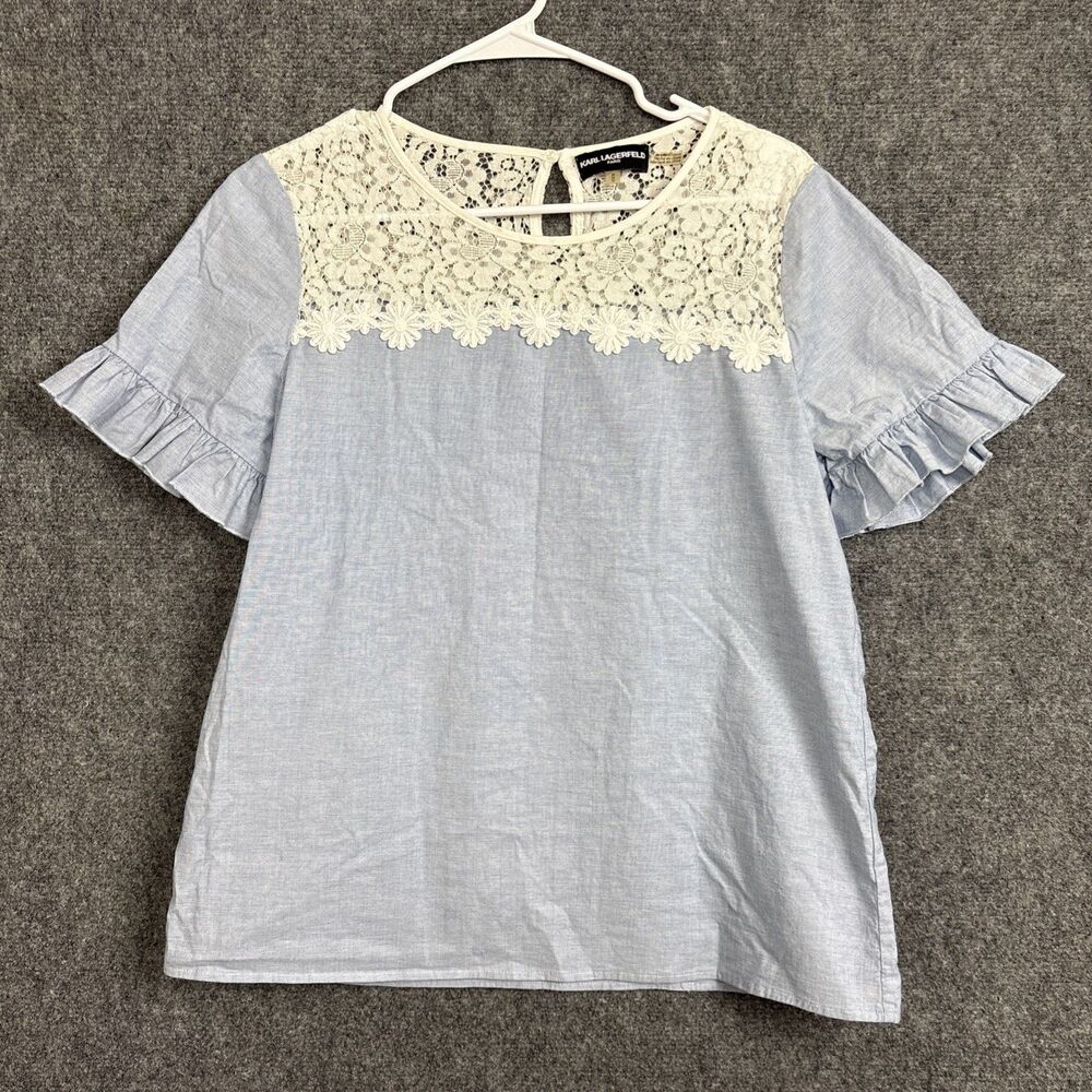 Karl Lagerfeld Top Blouse Womens Size M Blue Crochet Ruffle cottagecore